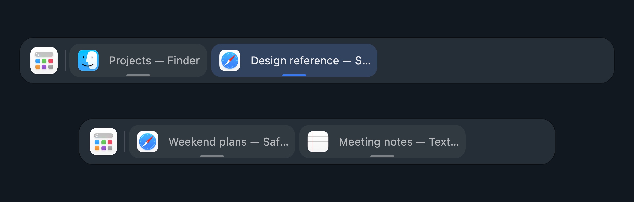 Two bars filtered to different displays, with project windows above and personal windows below