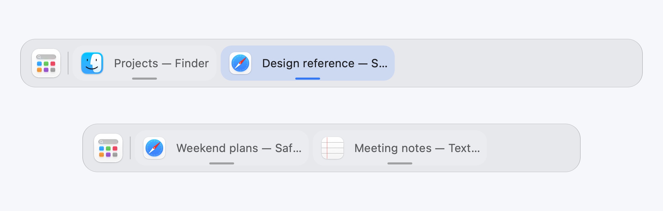 Two bars filtered to different displays, with project windows above and personal windows below