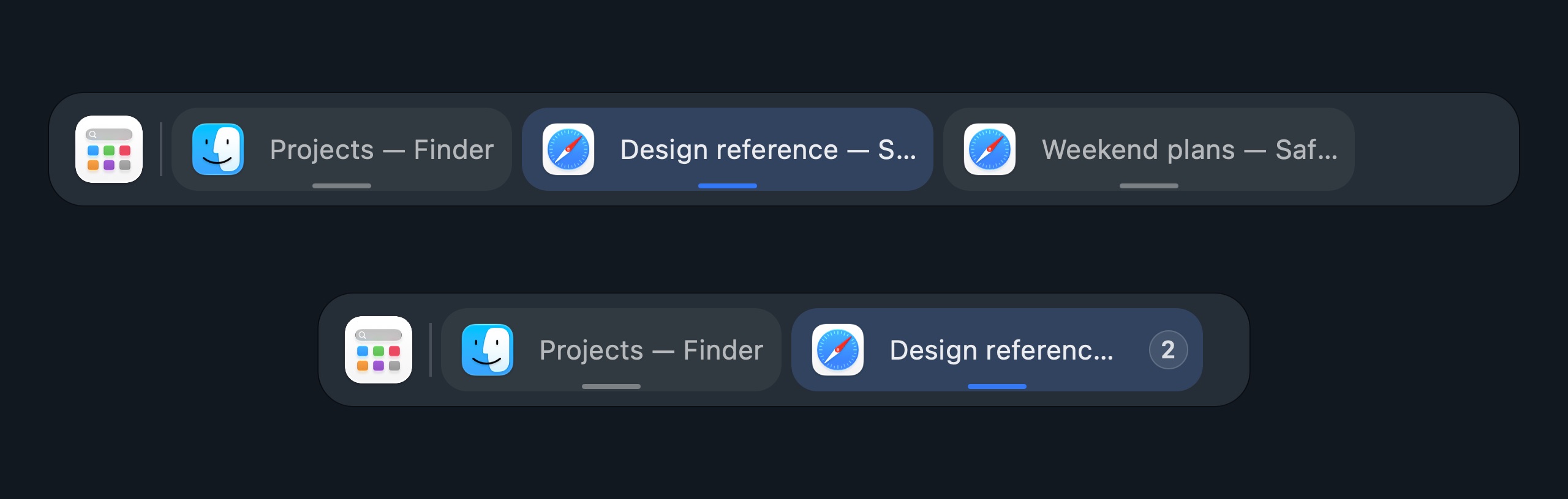 Two Safari windows above; a Safari group with two windows below
