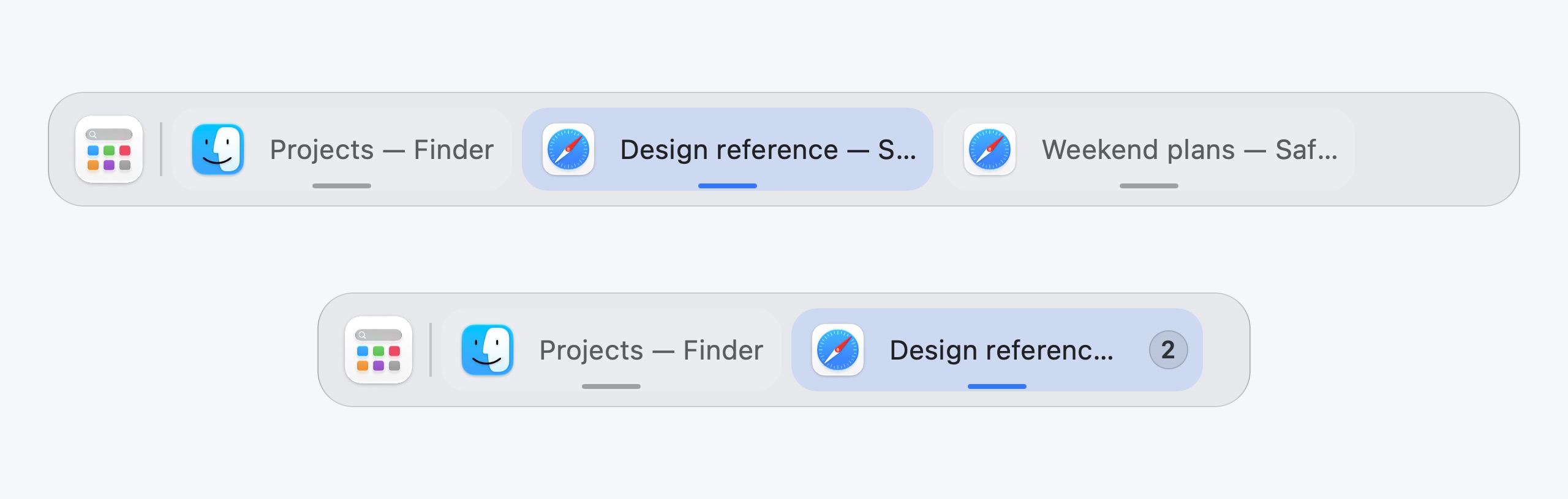 Two Safari windows above; a Safari group with two windows below