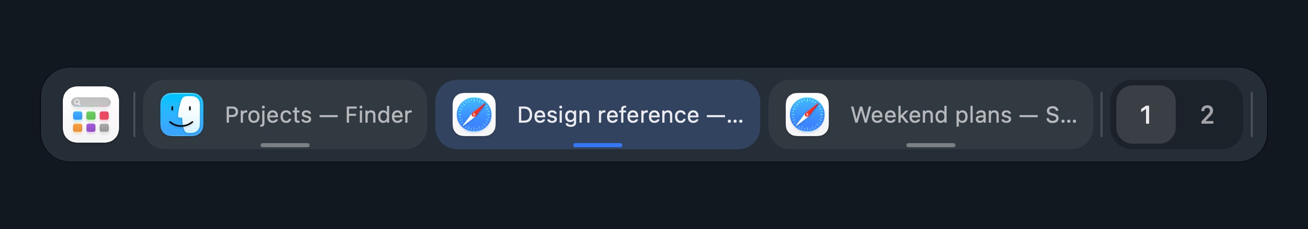Dockline with named Finder, Safari windows and desktop buttons