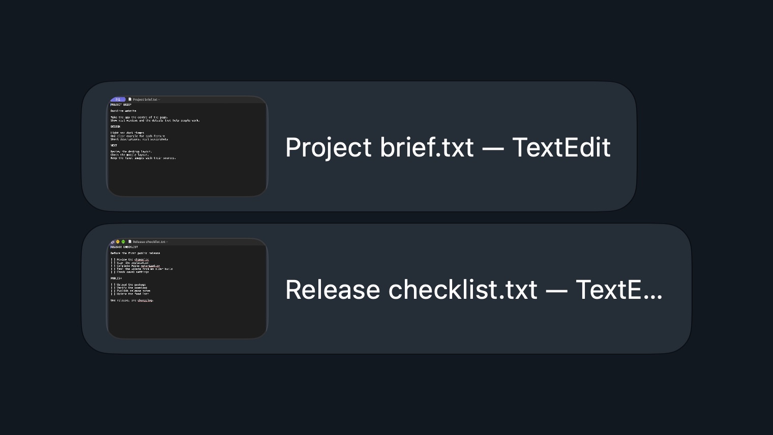 Dockline previews for two demonstration TextEdit documents