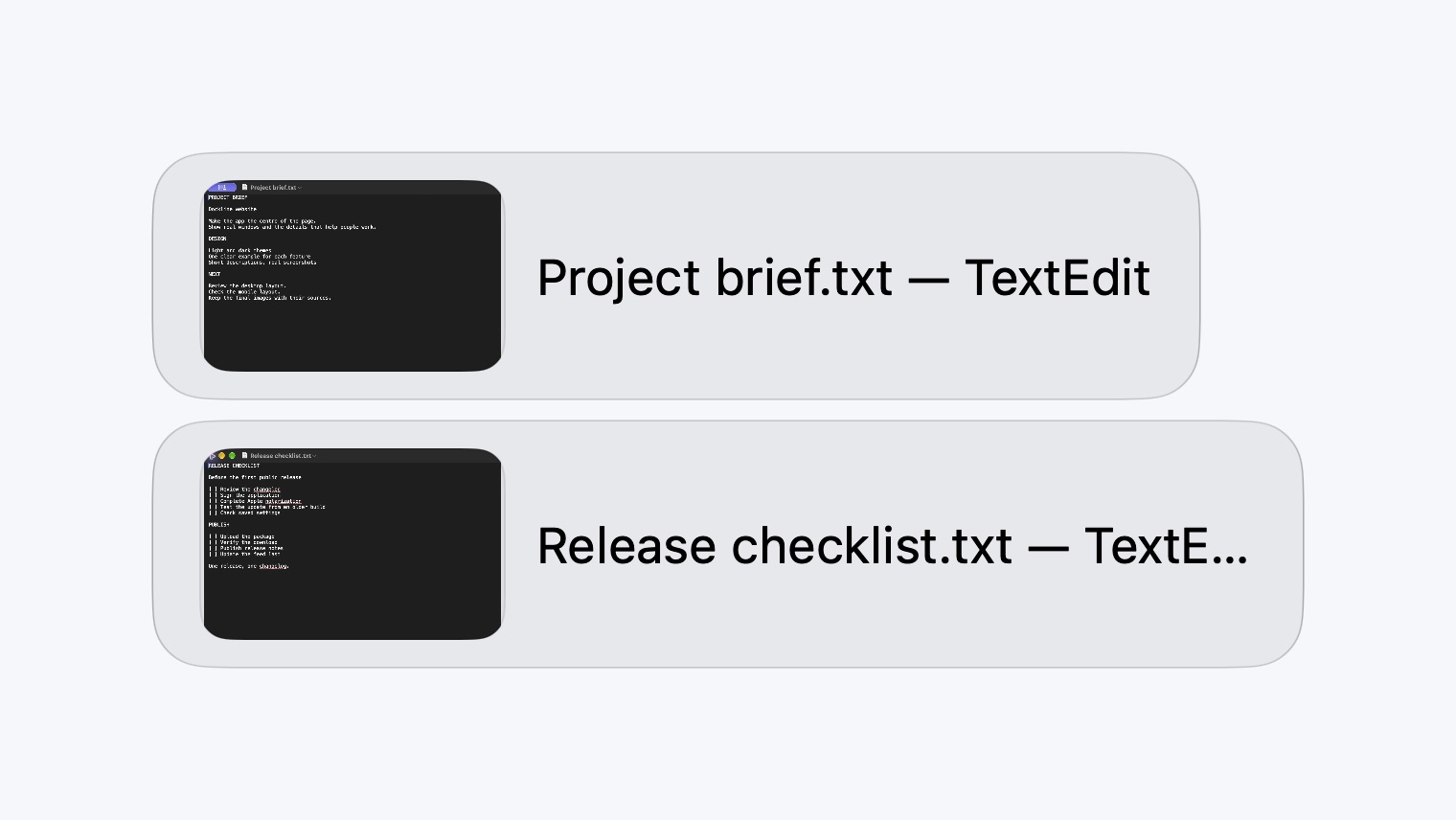 Dockline previews for two demonstration TextEdit documents